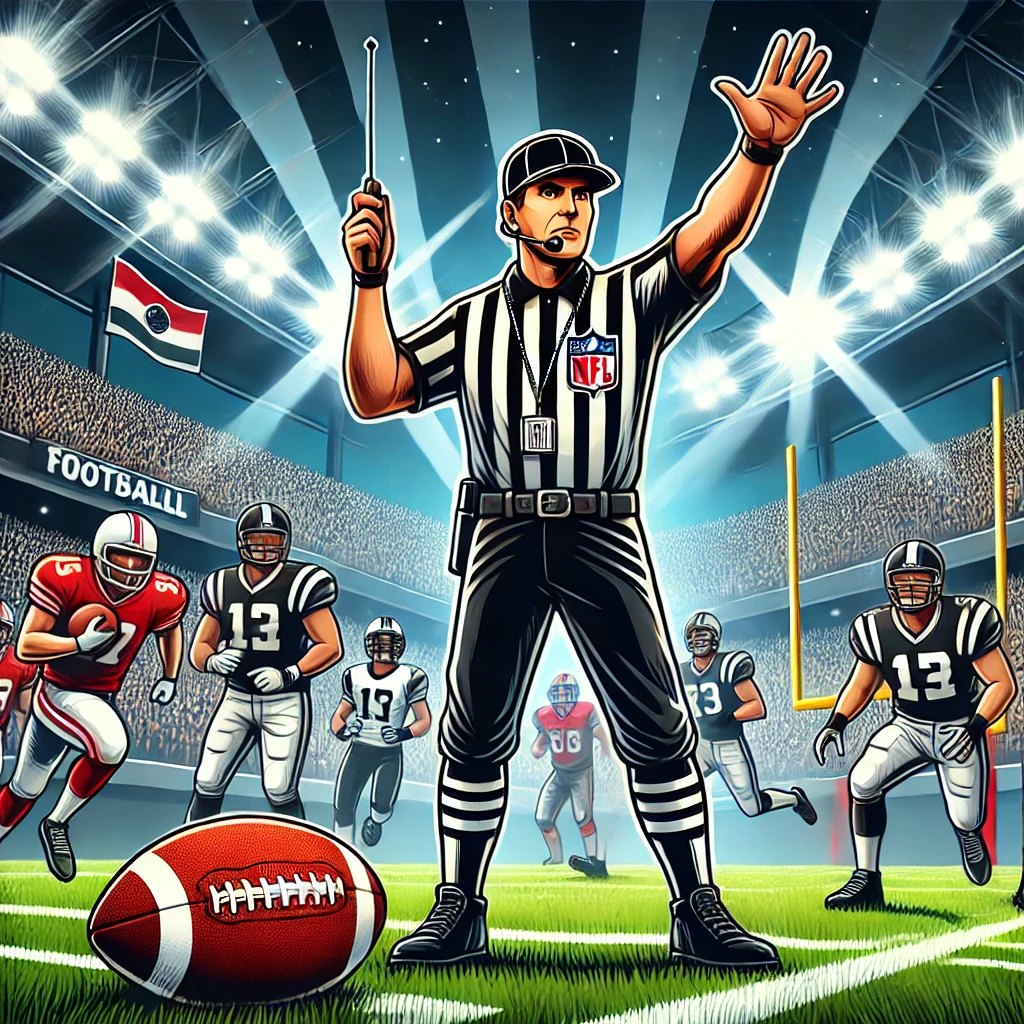 "NFL referee signaling a touchdown during an intense game."