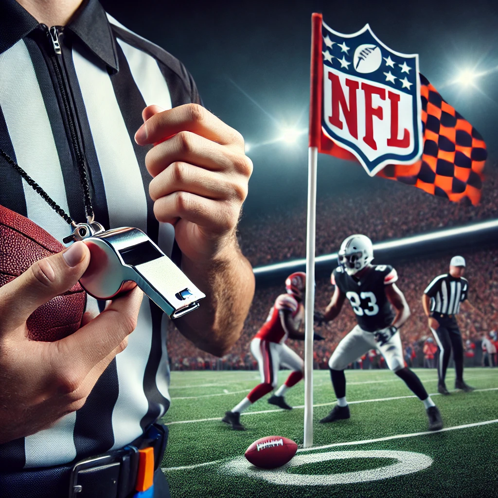 "Focused NFL referee holding a whistle and penalty flag."