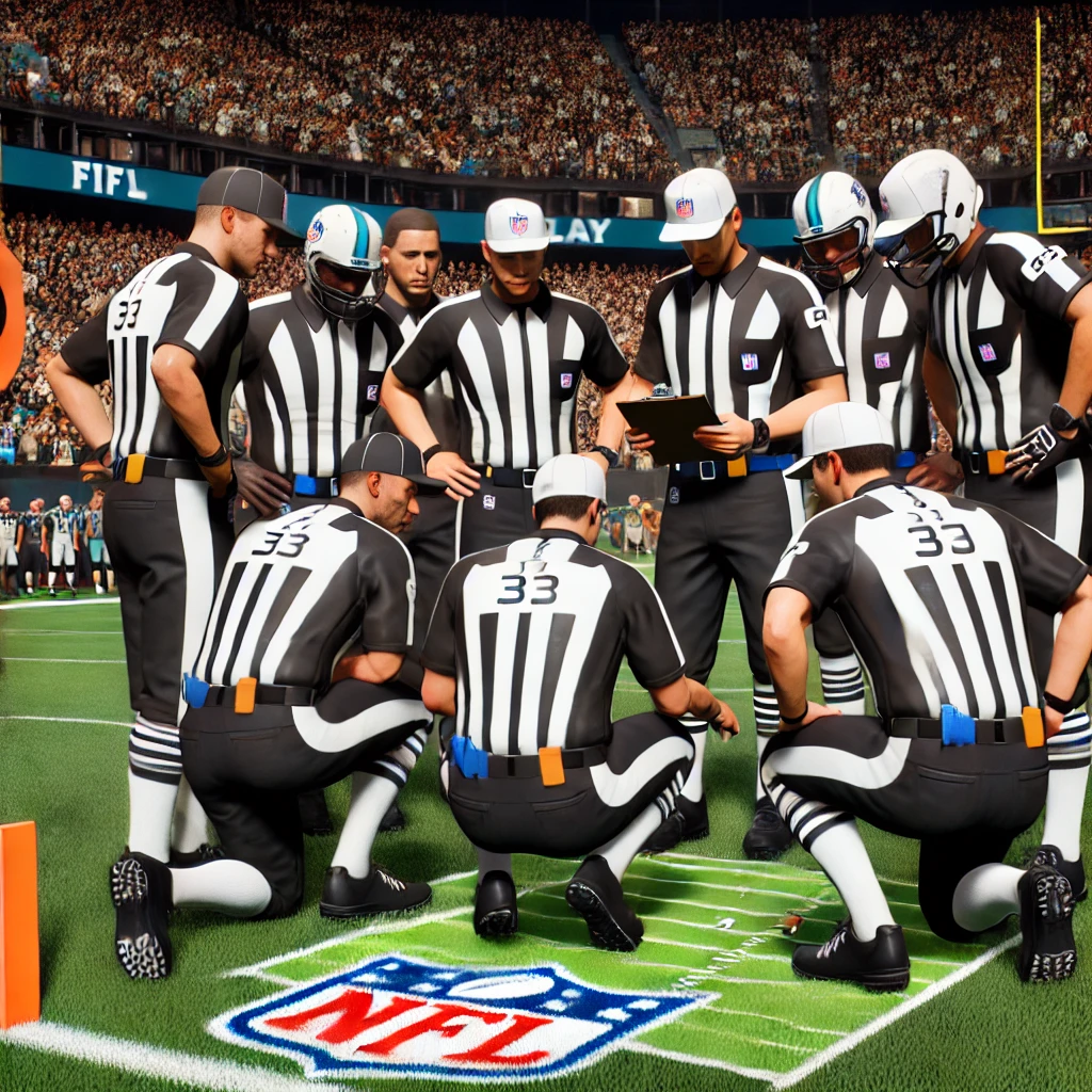 "NFL referees huddling to review a play during a timeout."