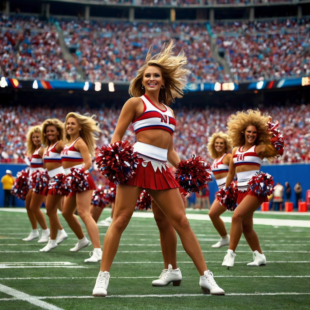 "NFL cheerleaders performing a high-energy routine during a football game with a packed stadium in the background."