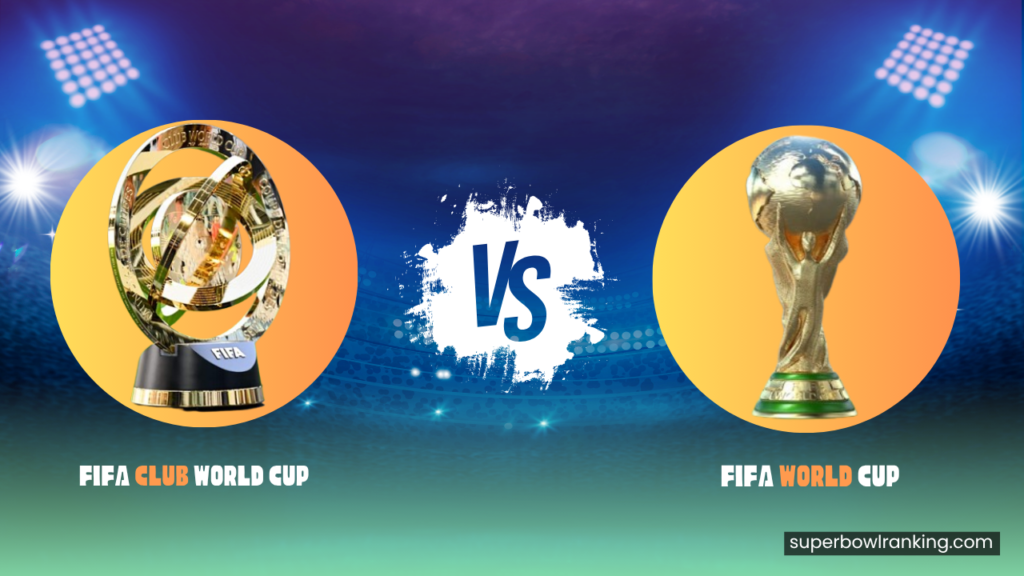 What is the Difference Between the FIFA Club World Cup and the FIFA World Cup? Infographic showing difference between FIFA World Cup and FIFA Club World Cup with flags, stadiums, and team logos