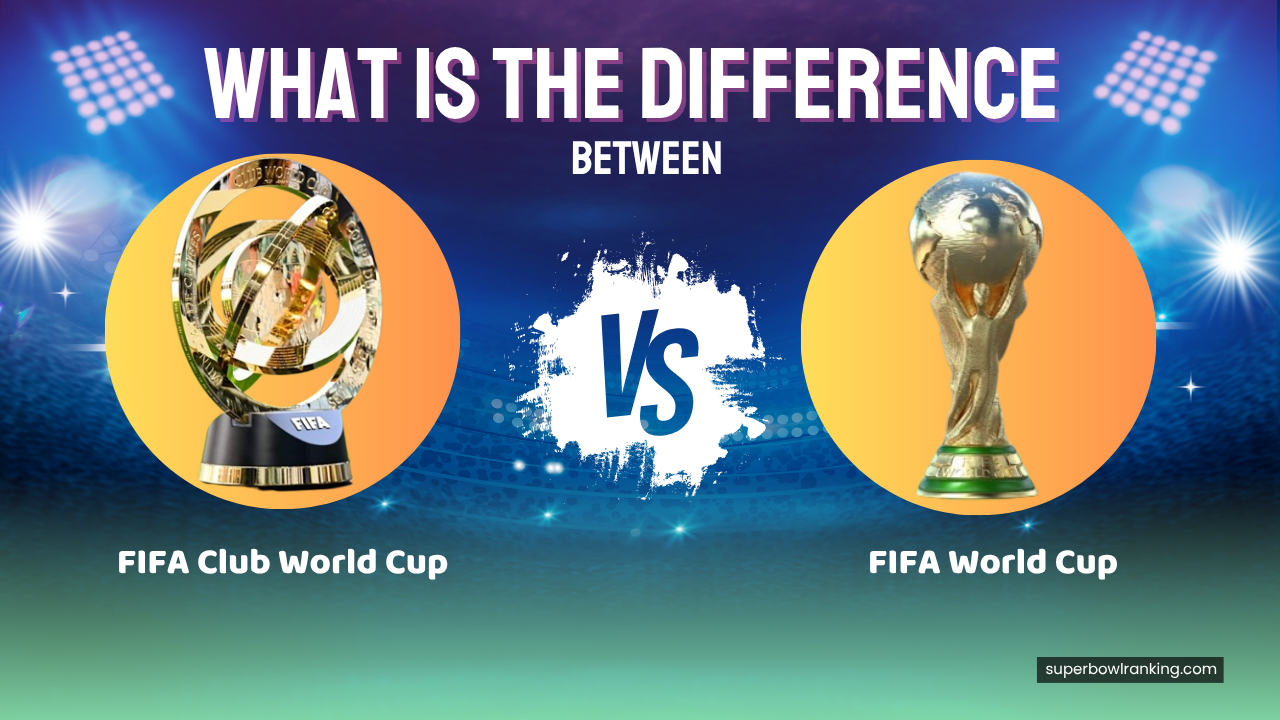 Infographic showing difference between FIFA World Cup and FIFA Club World Cup with flags, stadiums, and team logos