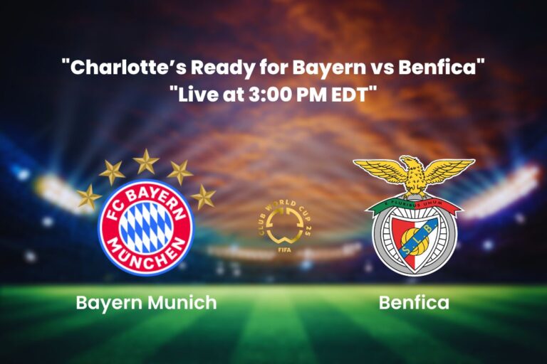 Bayern Munich vs Benfica FIFA Club World Cup 2025 match preview thumbnail featuring Harry Kane and Ángel Di María with Bank of America Stadium in the background.