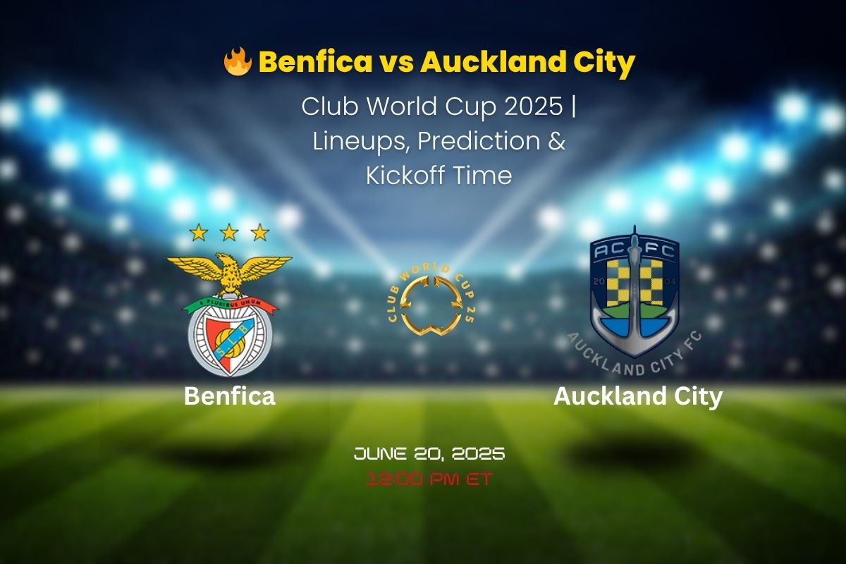 Benfica vs Auckland City – FIFA Club World Cup 2025 Preview Graphic showing kickoff time, lineups, and match prediction