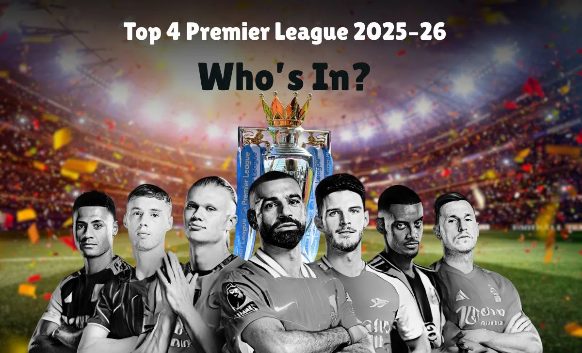 Premier League 2025–26 top 4 predictions featuring Liverpool, Arsenal, Manchester City, and Chelsea players celebrating on the pitch.